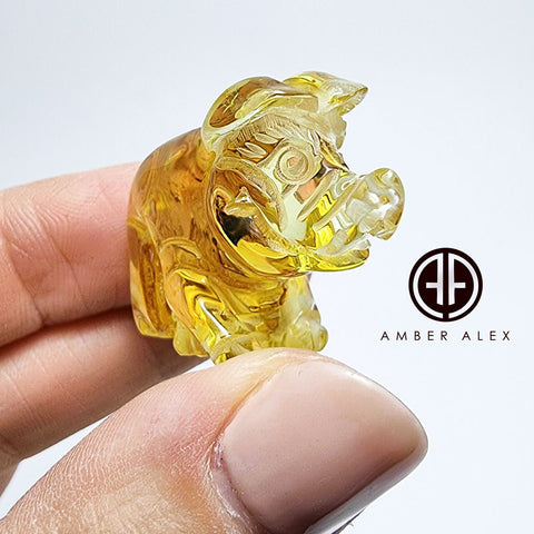 Natural Amber Carved Pig Figurine With Insects