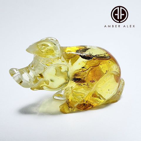 Natural Amber Carved Pig Figurine With Insects