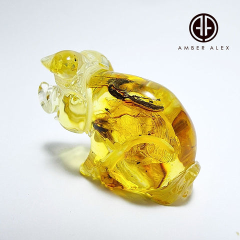 Natural Amber Carved Pig Figurine With Insects