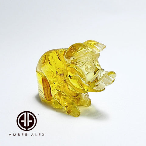 Natural Amber Carved Pig Figurine With Insects