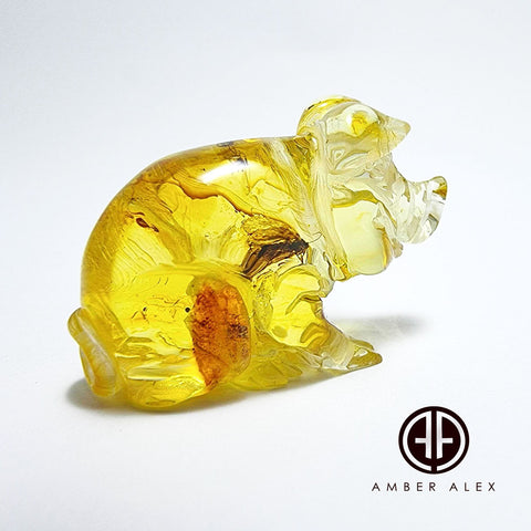 Natural Amber Carved Pig Figurine With Insects