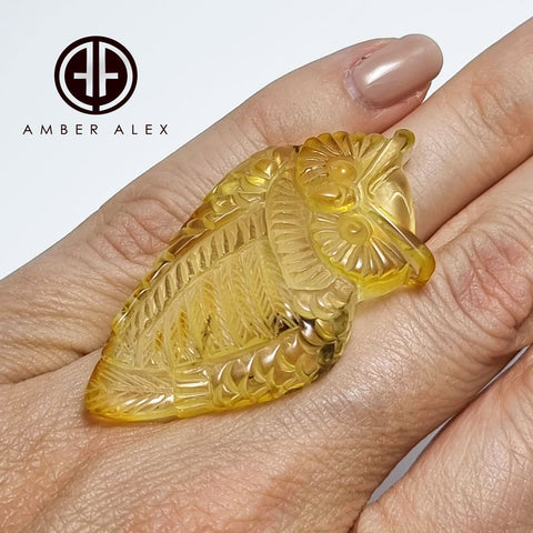 Natural Amber Carved Owl Cabochon With Insects