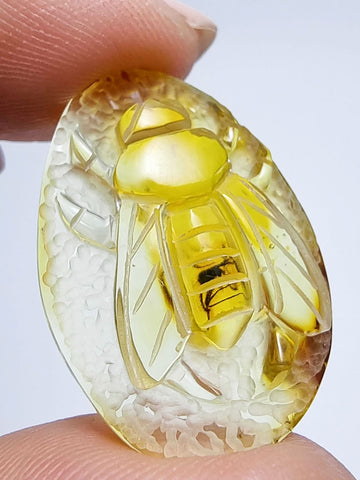 Natural Amber Carved Bee Cabochon with Insects