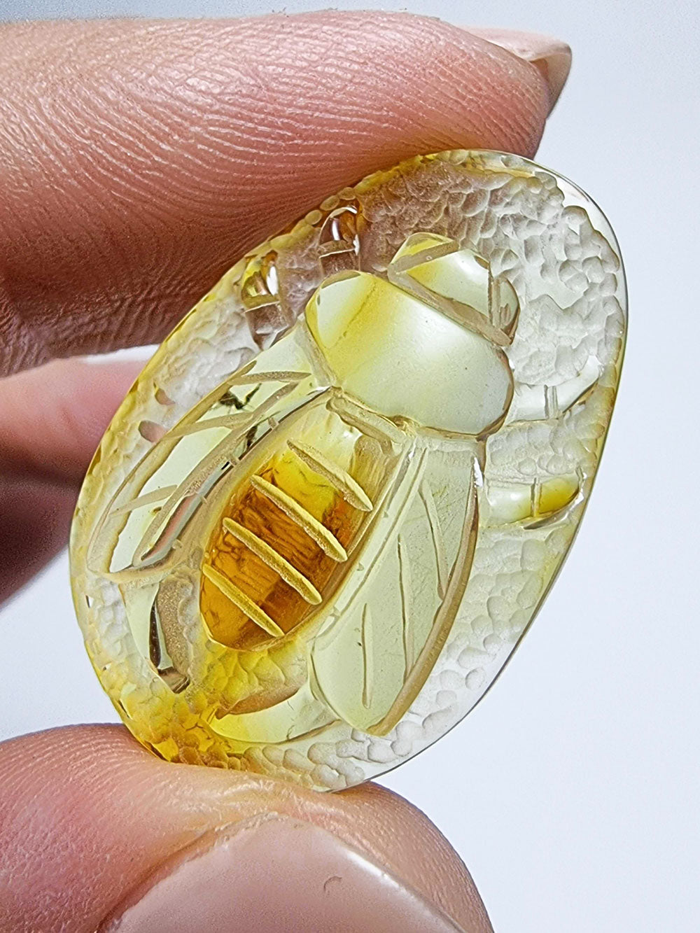 Natural Amber Carved Bee Cabochon with Insects
