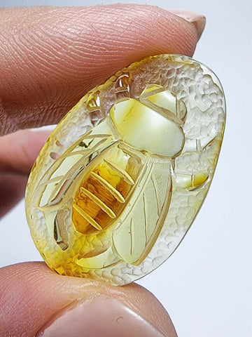 Natural Amber Carved Bee Cabochon with Insects