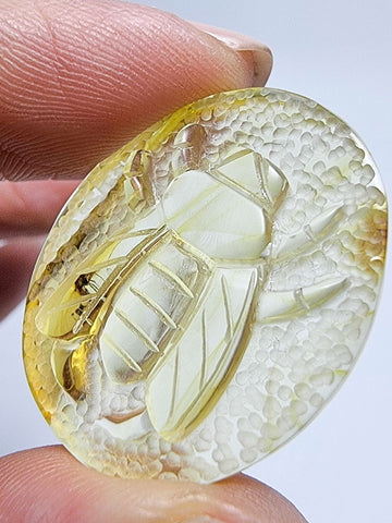 Natural Amber Carved Bee Cabochon with Insects