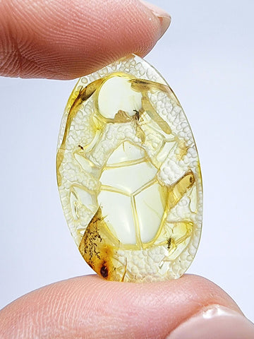 Natural Amber Carved Scarab Cabochon With Insects