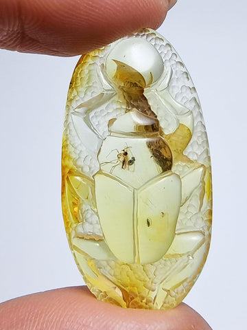 Natural Amber Carved Scarab Cabochon With Insects