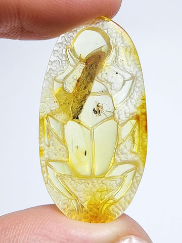 Natural Amber Carved Scarab Cabochon With Insects