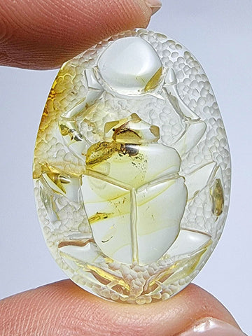 Natural Amber Carved Scarab Cabochon With Insects