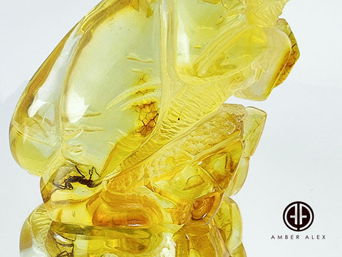 Natural Amber Carved Dinosaur Figurine With Insects