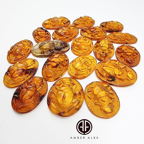 Cognac Amber Carved Scarab Cabochons