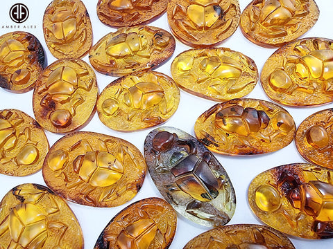 Cognac Amber Carved Scarab Cabochons