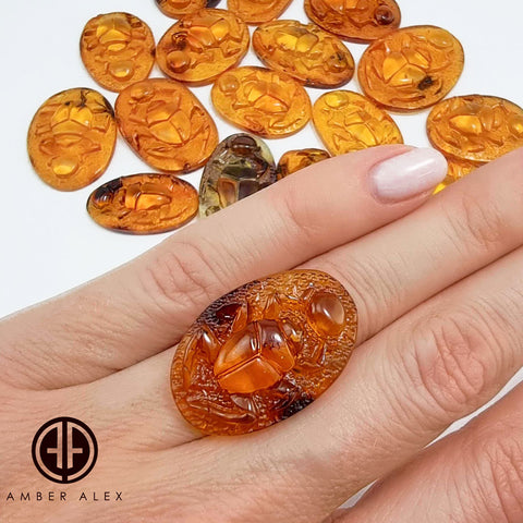 Cognac Amber Carved Scarab Cabochons