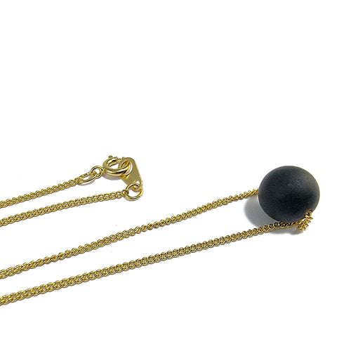 Black Amber Round Bead Necklace 14K Gold Plated