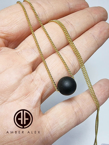 Black Amber Round Bead Necklace 14K Gold Plated