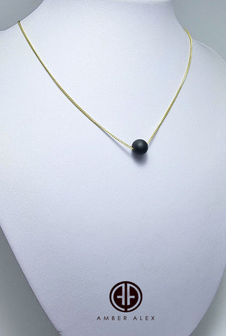 Black Amber Round Bead Necklace 14K Gold Plated