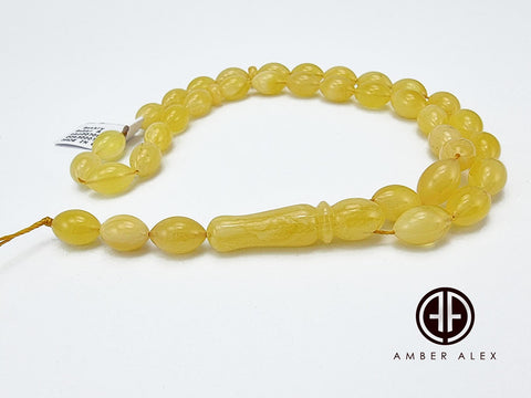 Yellow With White Amber Olive Shape 7 mm Islamic Prayer Beads