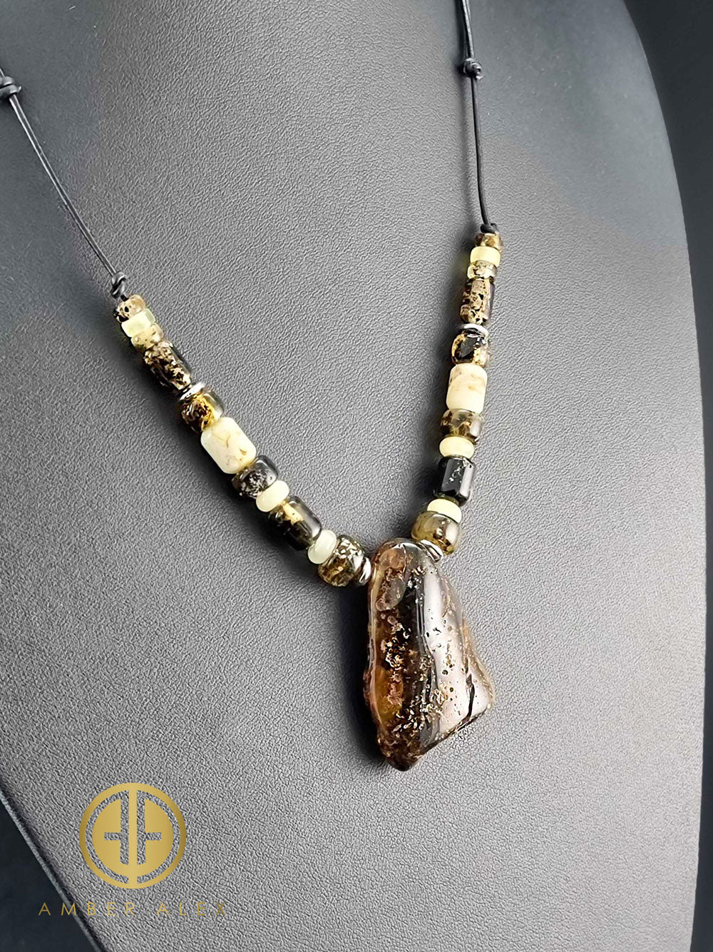 Fossil Amber Nugget Pendant & Leather Necklace