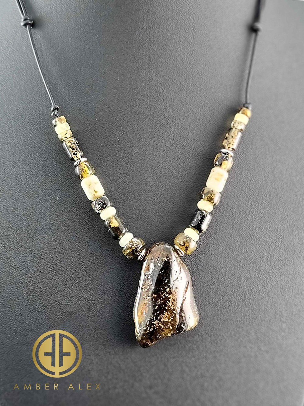 Fossil Amber Nugget Pendant & Leather Necklace