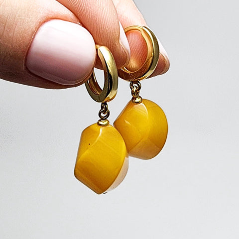 Antique Amber Twisted Olive Dangle Earrings 14k Gold Plated