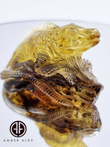 Fossil Amber Carved Lizard Figurine