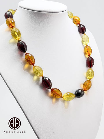 Multi - Color Amber Faceted Olive Beads Necklace