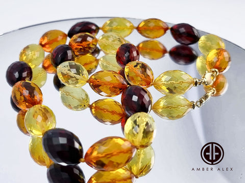 Multi - Color Amber Faceted Olive Beads Necklace