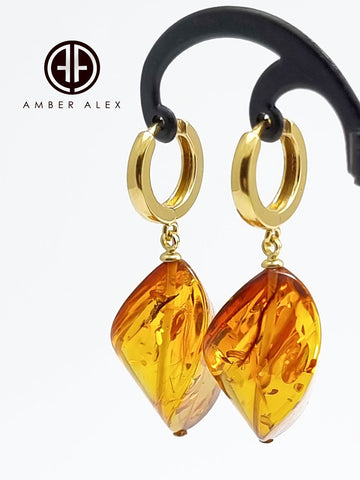 Cognac Amber Twisted Olive Dangle Earrings 14k Gold Plated