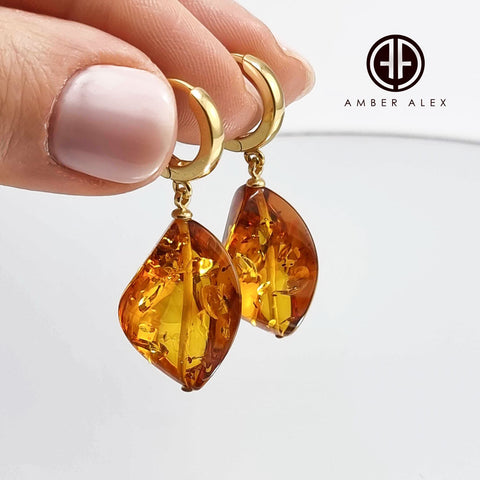 Cognac Amber Twisted Olive Dangle Earrings 14k Gold Plated