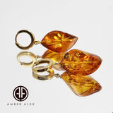 Cognac Amber Twisted Olive Dangle Earrings 14k Gold Plated
