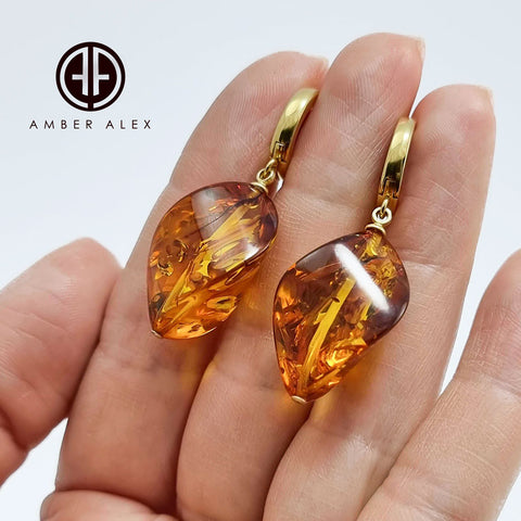 Cognac Amber Twisted Olive Dangle Earrings 14k Gold Plated