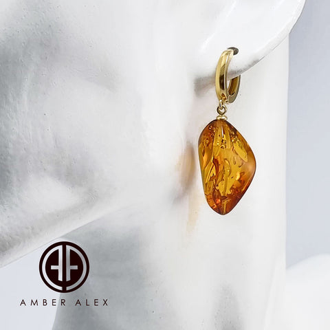 Cognac Amber Twisted Olive Dangle Earrings 14k Gold Plated