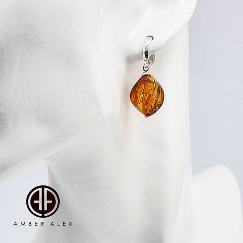 Cognac Amber Twisted Olive Dangle Earrings Sterling Silver