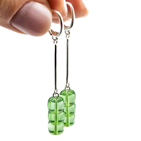 Green Amber Tablets Beads Earrings Sterling Silver