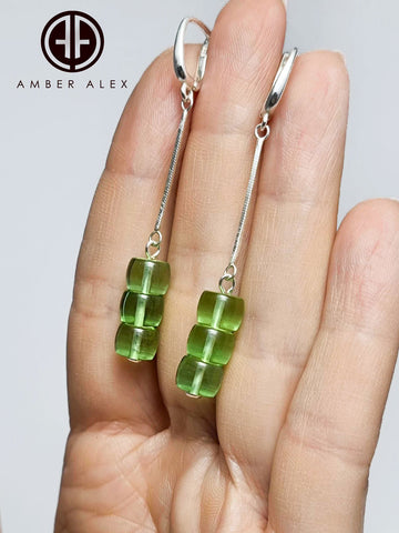 Green Amber Tablets Beads Earrings Sterling Silver