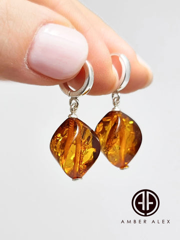 Cognac Amber Twisted Olive Dangle Earrings Sterling Silver