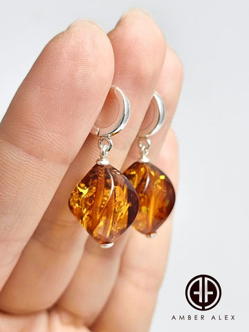 Cognac Amber Twisted Olive Dangle Earrings Sterling Silver