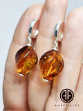 Cognac Amber Twisted Olive Dangle Earrings Sterling Silver