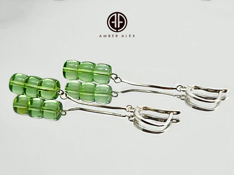 Green Amber Tablets Beads Earrings Sterling Silver