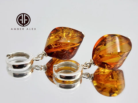 Cognac Amber Twisted Olive Dangle Earrings Sterling Silver