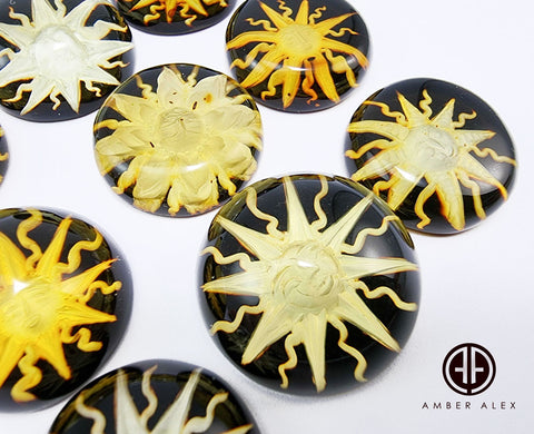 Cherry Amber Engraved Sun Round Shape Cabochons