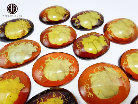 Cognac Amber Engraved Pumpkin Free Shape Cabochons