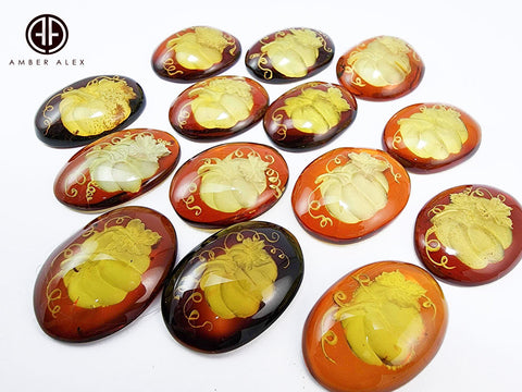 Cognac Amber Engraved Pumpkin Free Shape Cabochons