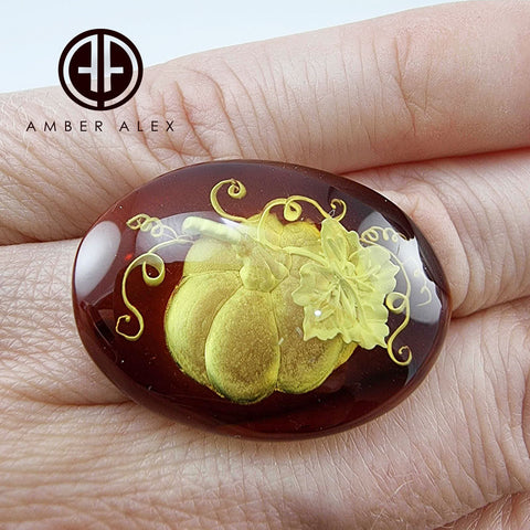 Cognac Amber Engraved Pumpkin Free Shape Cabochons