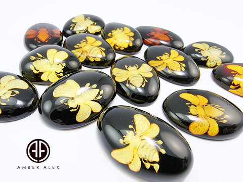 Cherry Amber Engraved Bee Oval Shape Cabochons