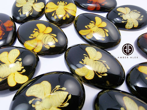 Cherry Amber Engraved Bee Oval Shape Cabochons