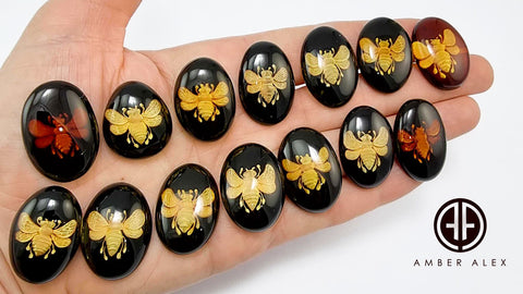 Cherry Amber Engraved Bee Oval Shape Cabochons