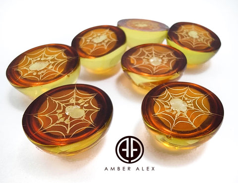 Cognac Amber Engraved Spider With Spiderweb Round Shape Cabochon