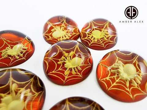 Cognac Amber Engraved Spider With Spiderweb Round Shape Cabochon